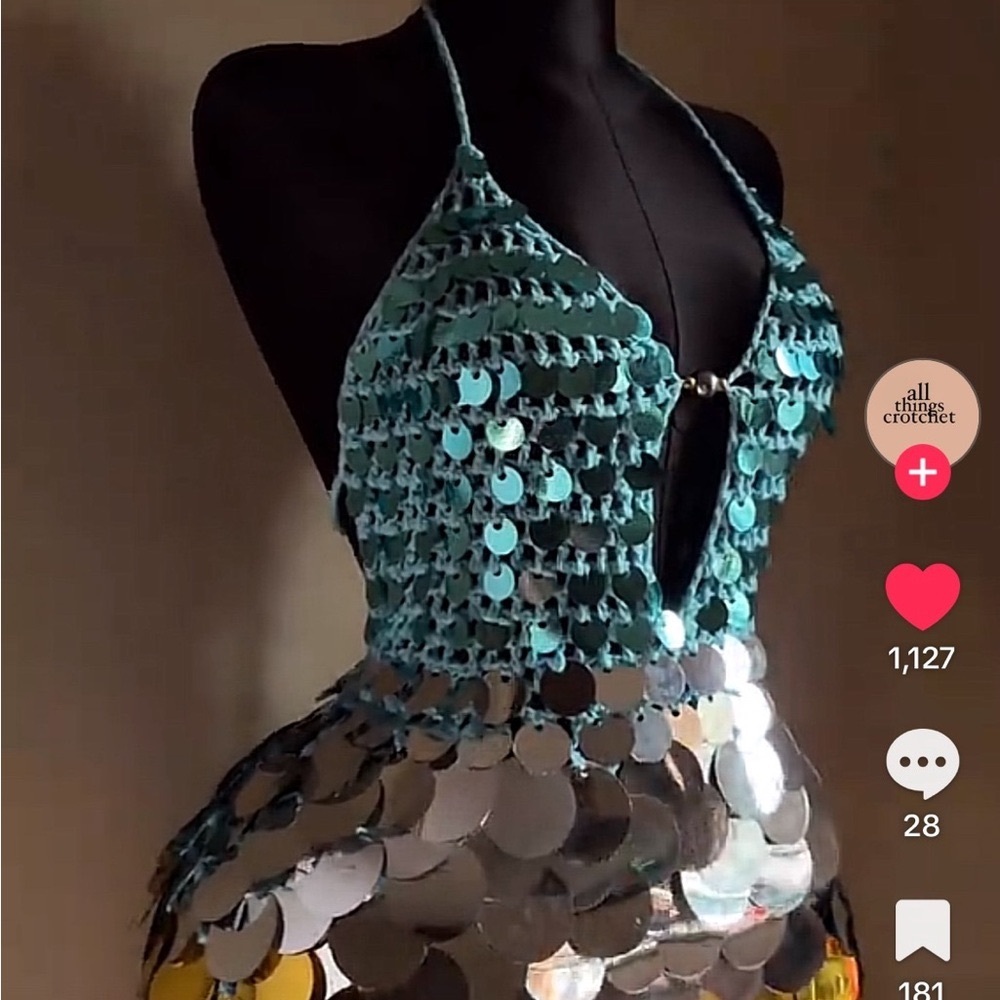 Handmade Teal Crochet Halter Dress with Silver and Gold Sequin